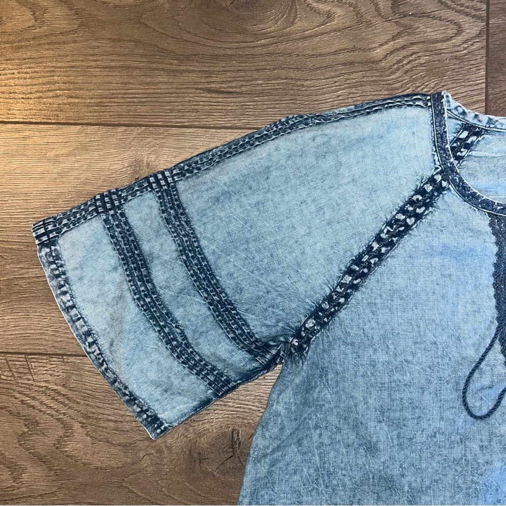 Faherty Blue Denim Women's Blouse with Tassels Size Small Organic Cotton - Picture 4 of 6